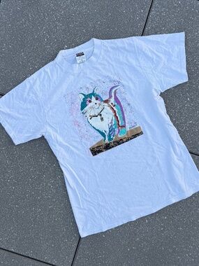 Vintage 1995 Cat Art Graphic Tee Large Tultex Shirt Retro Animal Print